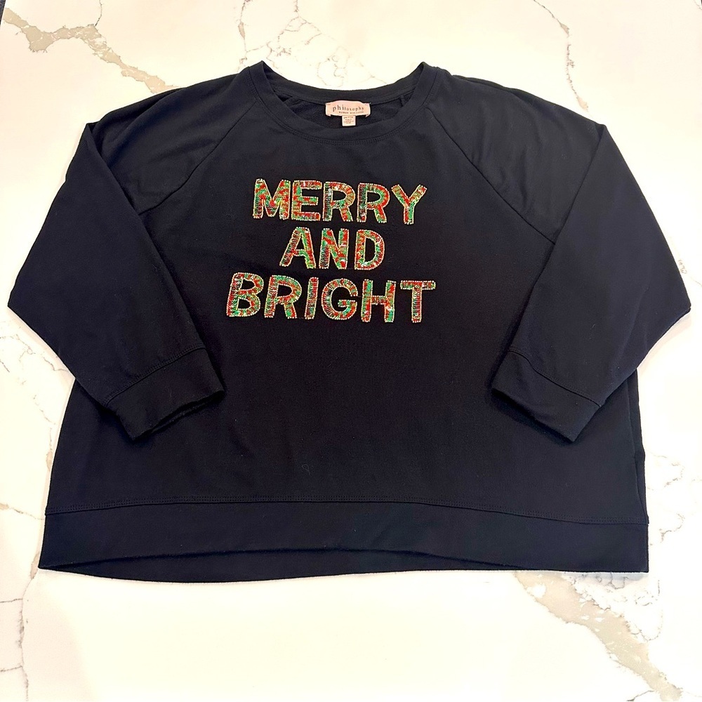 Philosophy Womens Sequin Christmas Sweatshirt Sz 2X Black Holiday Bling Fleece